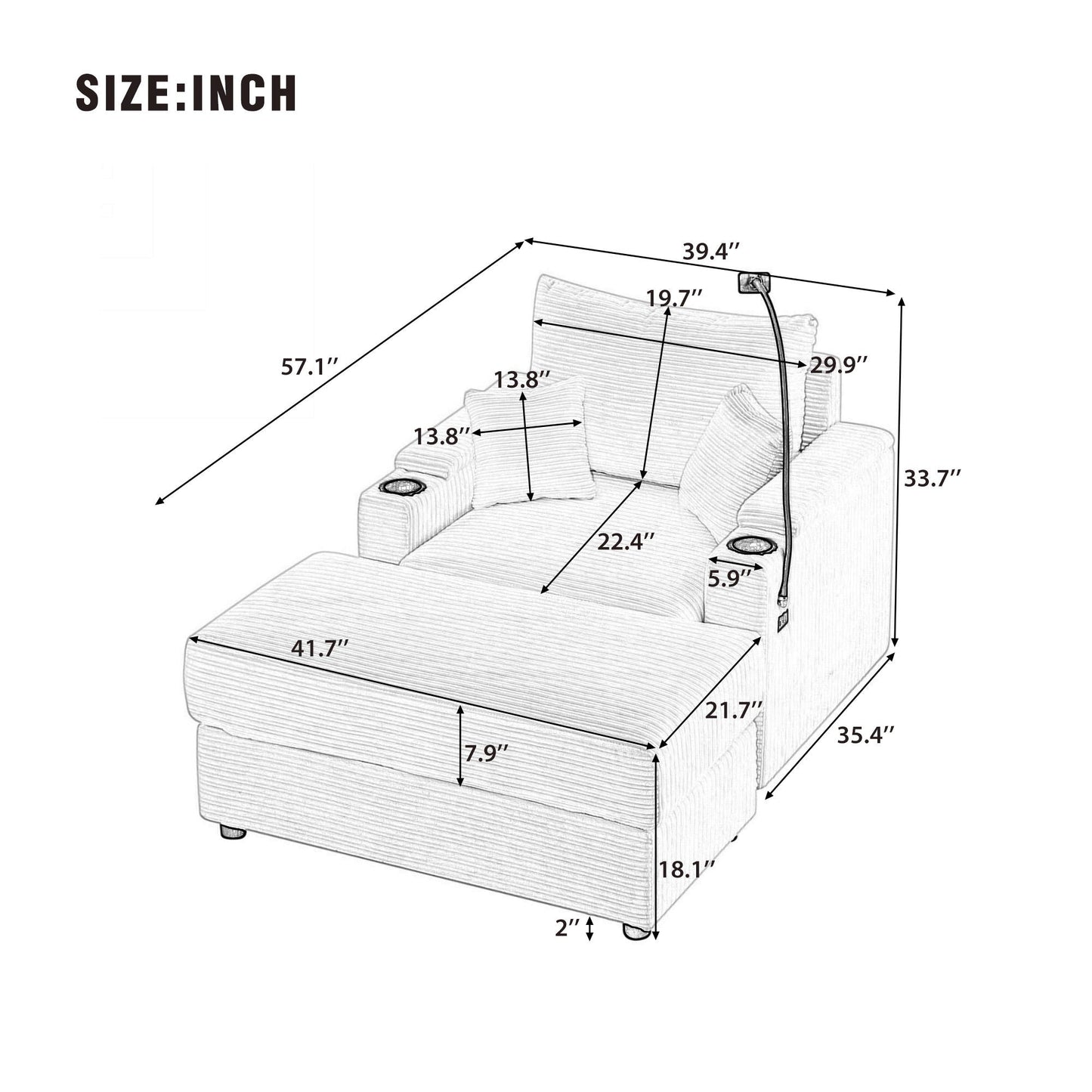 Single Sofa Couch With Storage Space, Movable Ottoman, USB Ports, Cup Holders, Phone Holder Hearth and Haven