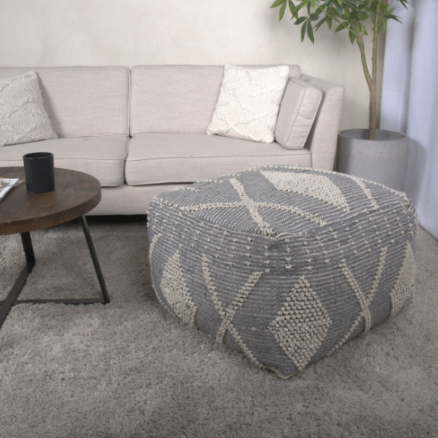 Diamond - Handcrafted Faux Yarn Pouf - Ivory / Gray Home Essentials