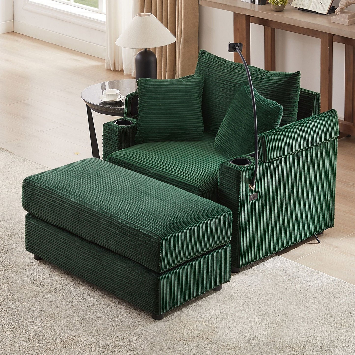 Single Sofa Couch With Storage Space, Movable Ottoman, USB Ports, Cup Holders, Phone Holder Hearth and Haven