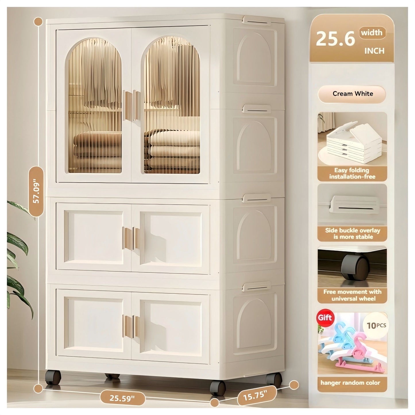 Side Wide Folding Wardrobe, With Magnetic Door, Plastic Storage Cabinet With Wheels (1 Layer Of Wardrobe + 2 Layers Of Folding Boxes + 10 Hangers) - Cream White
