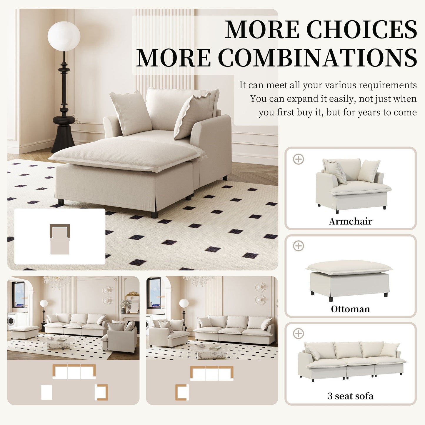 Oversized Chaise Lounge Indoor Single Sofa Bed With Wide Seat, Upholstered Lazy Sleeper Armchair With Movable Ottoman Reading Couch Set Luxe & Co.