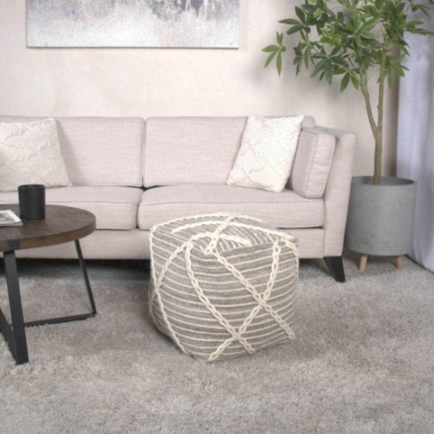 Modern Wool Rope Square Pouf Ottoman Floor Cushion - Gray / Ivory Home Essentials