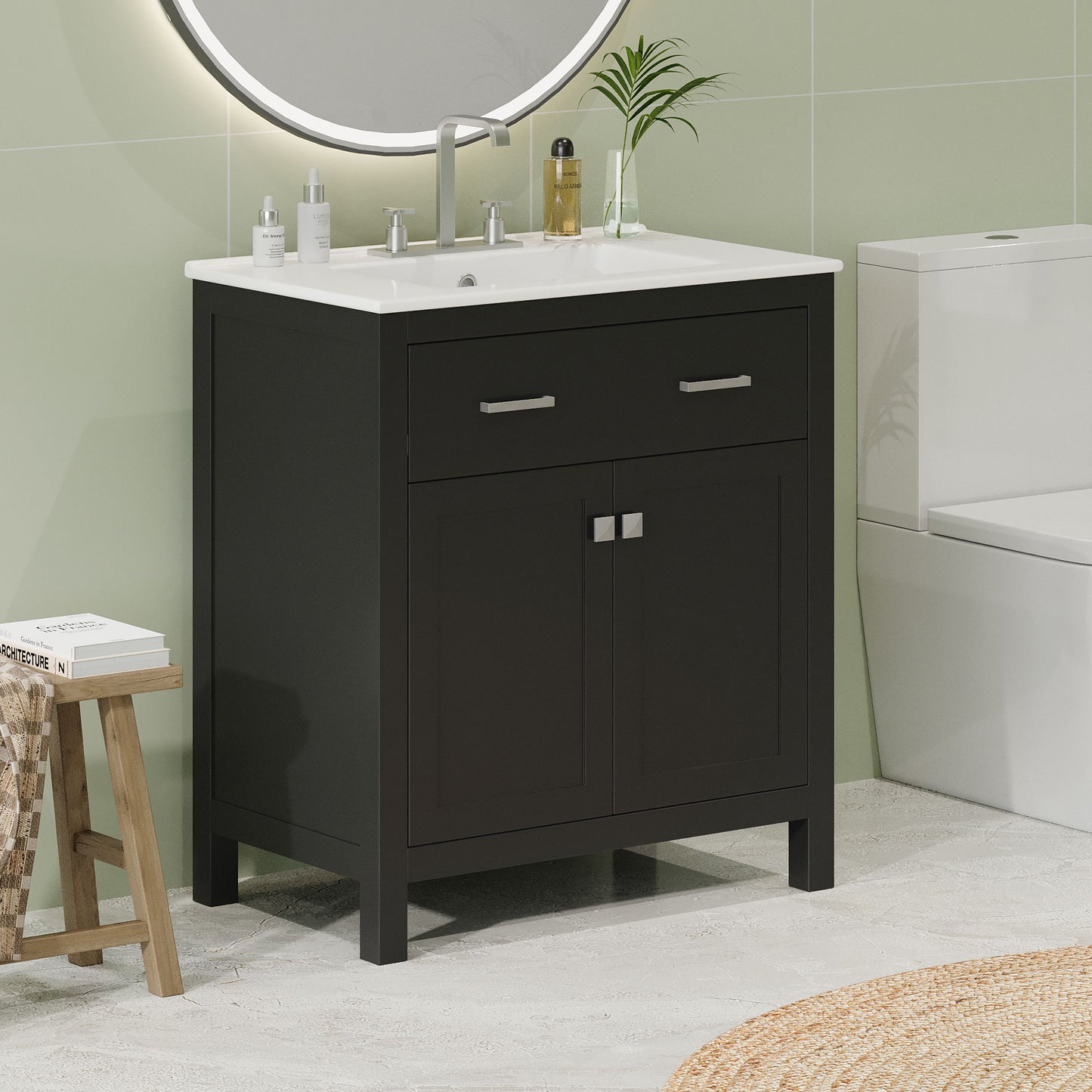 Bathroom Vanity With Ceramic Sink, Modern Single Bathroom Cabinet With 2 Doors And A Shelf, Soft Close Doors Hearth and Haven