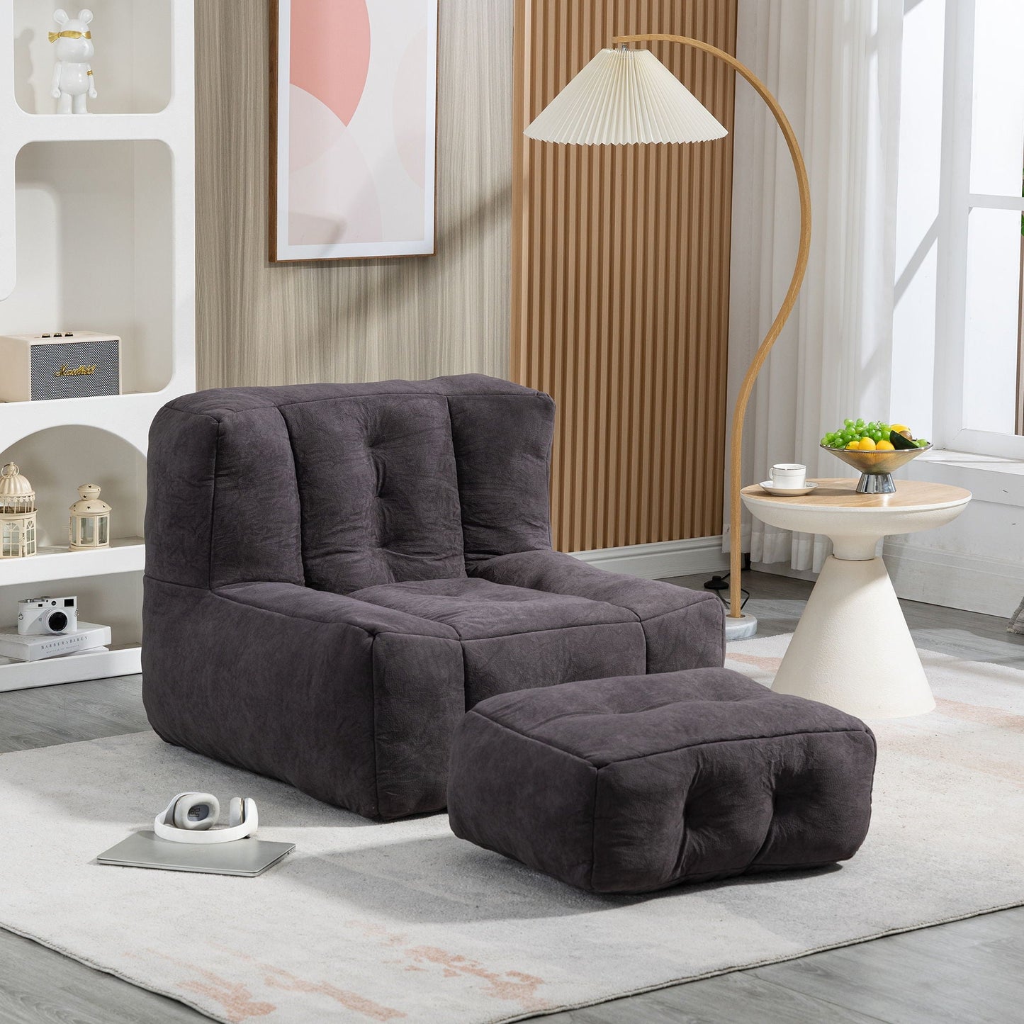 Modern Indoor Fluffy Bean Bag Chair With Memory Foam And Ottoman, Super Soft Home Essentials