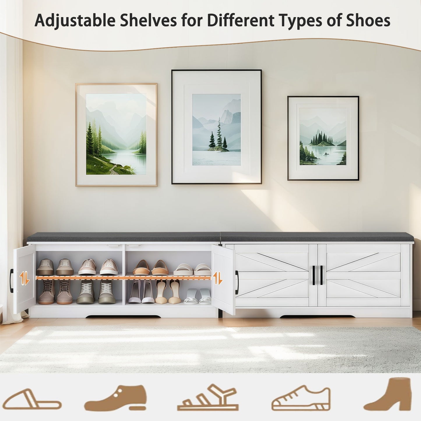2 Tier Shoe Bench With Padded Seat, 2 Barn Doors And Adjustable Shelves, For Entryway And Living Room - White Daily Nest