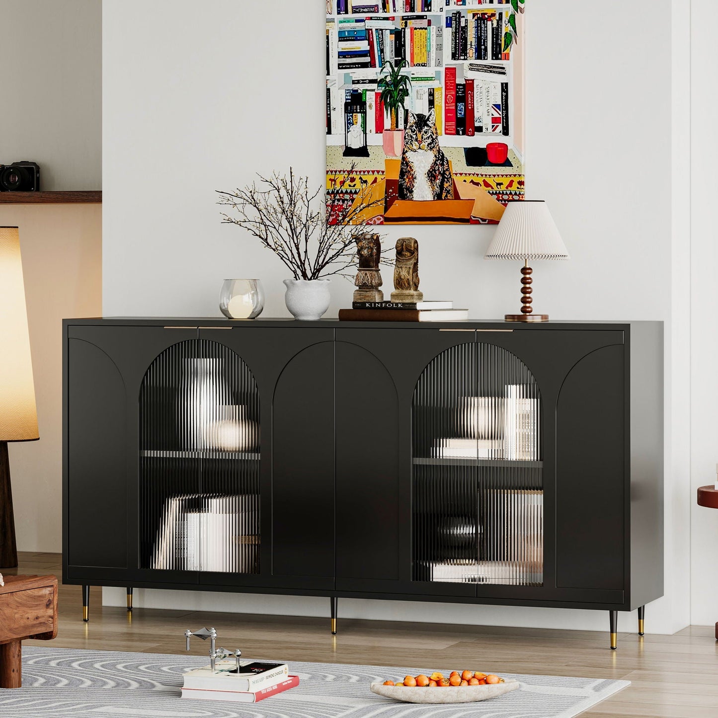Accent Cabinet Lacquered Wooden Cabinet With 4 Glass Doors Sideboard Buffet Server Cabinet Storage Cabinet, For Living Room, Entryway, Hallway, Office, Kitchen And Dining Room Home Essentials