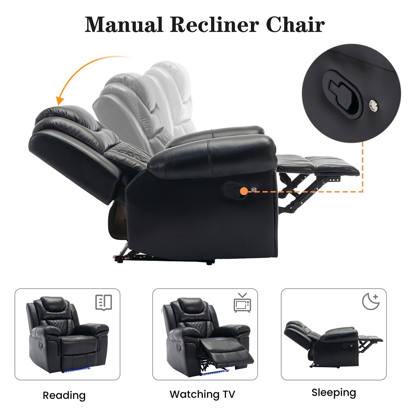 Home Theater Seating Manual Recliner Chair With Center Console And Led Light Strip For Living Room Hearth and Haven
