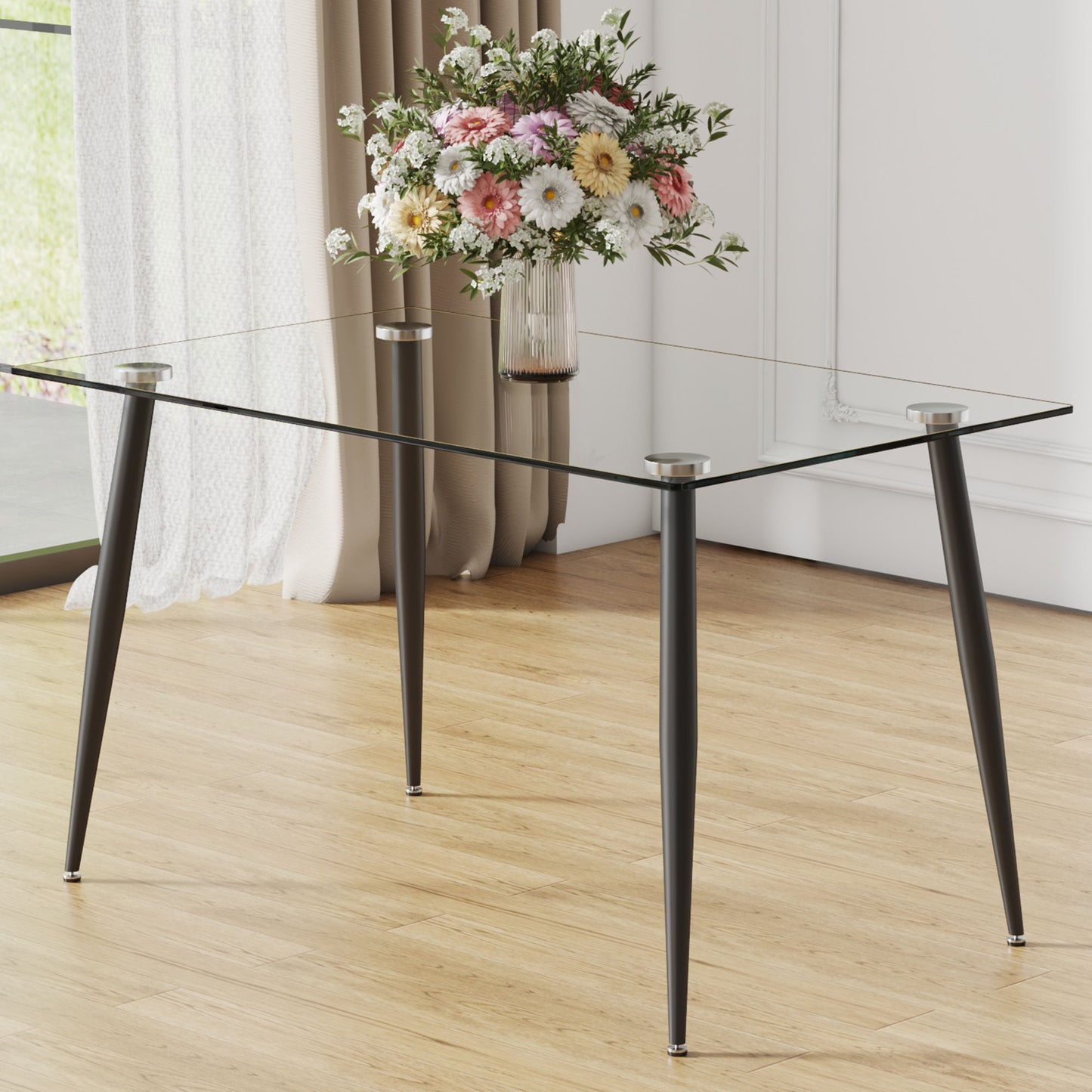Modern Rectangular Glass Dining Table With Tempered Glass Top And Metal Legs For 4 - 6 People - Black / Transparent Home Essentials