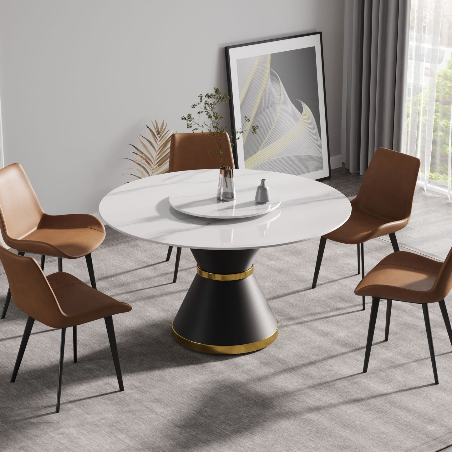 53" Modern Artificial Stone Round Carbon Steel Base Dining Table, Can Accommodate 6 People, Artificial Stone Turntable - White / Black Home Essentials