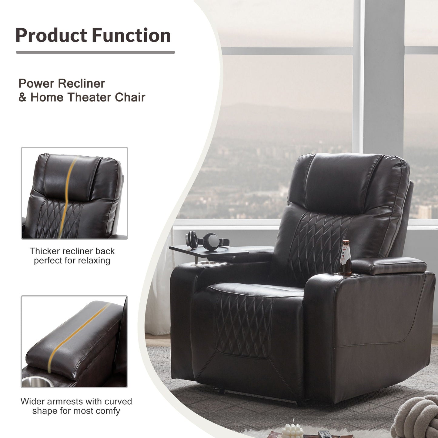 Power Motion Recliner With USB Charging Port And Hidden Arm Storage 2 Convenient Cup Holders Design And 360 Degree Swivel Tray Table Hearth and Haven