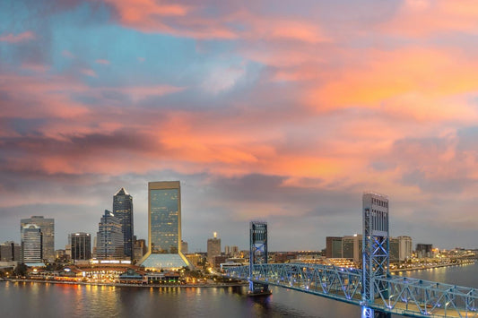 Temp Glass With Foil - Jacksonville Skyline - Orange Classy Art