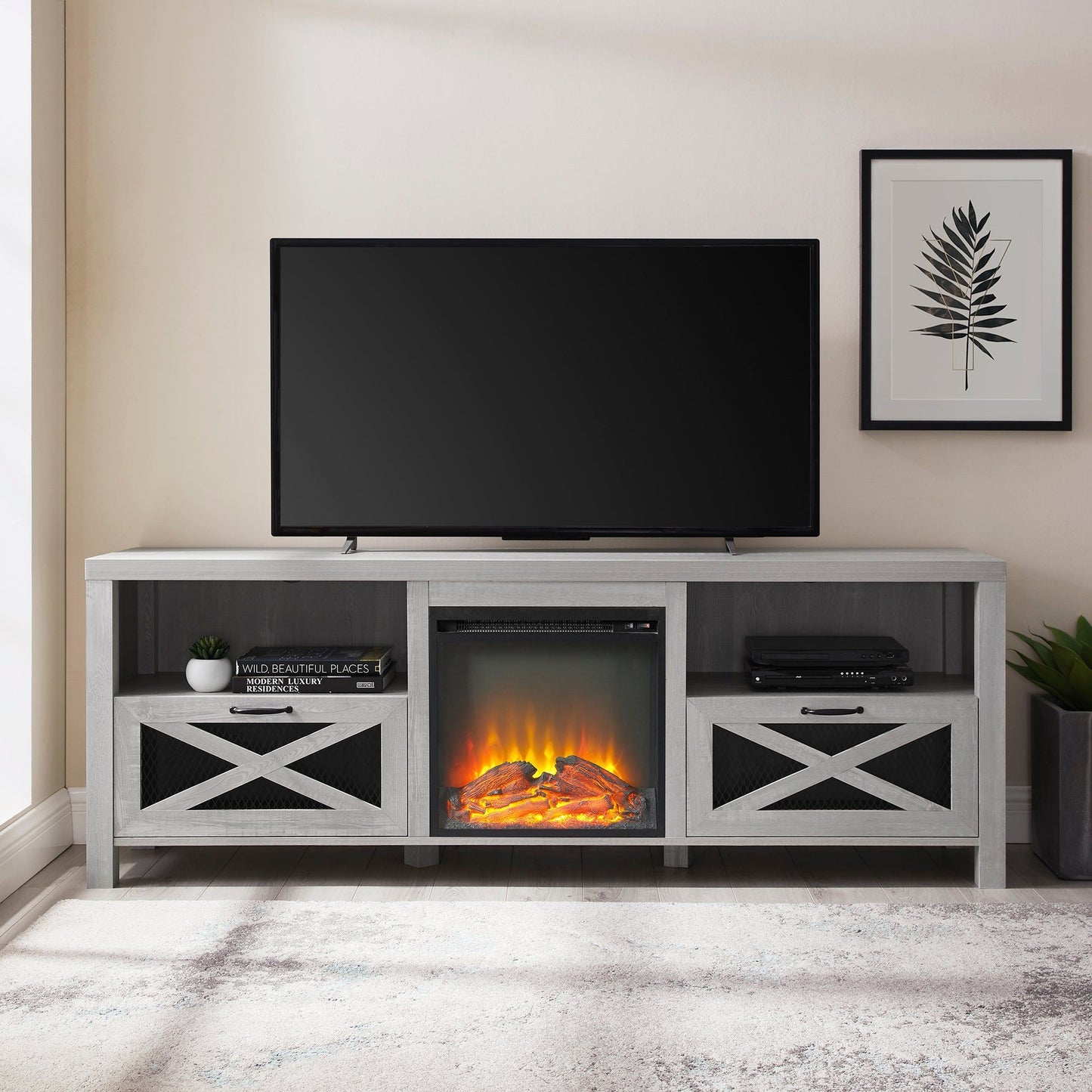Industrial Farmhouse Metal Mesh Drop Down X Door Fireplace TV Stand Walker Edison