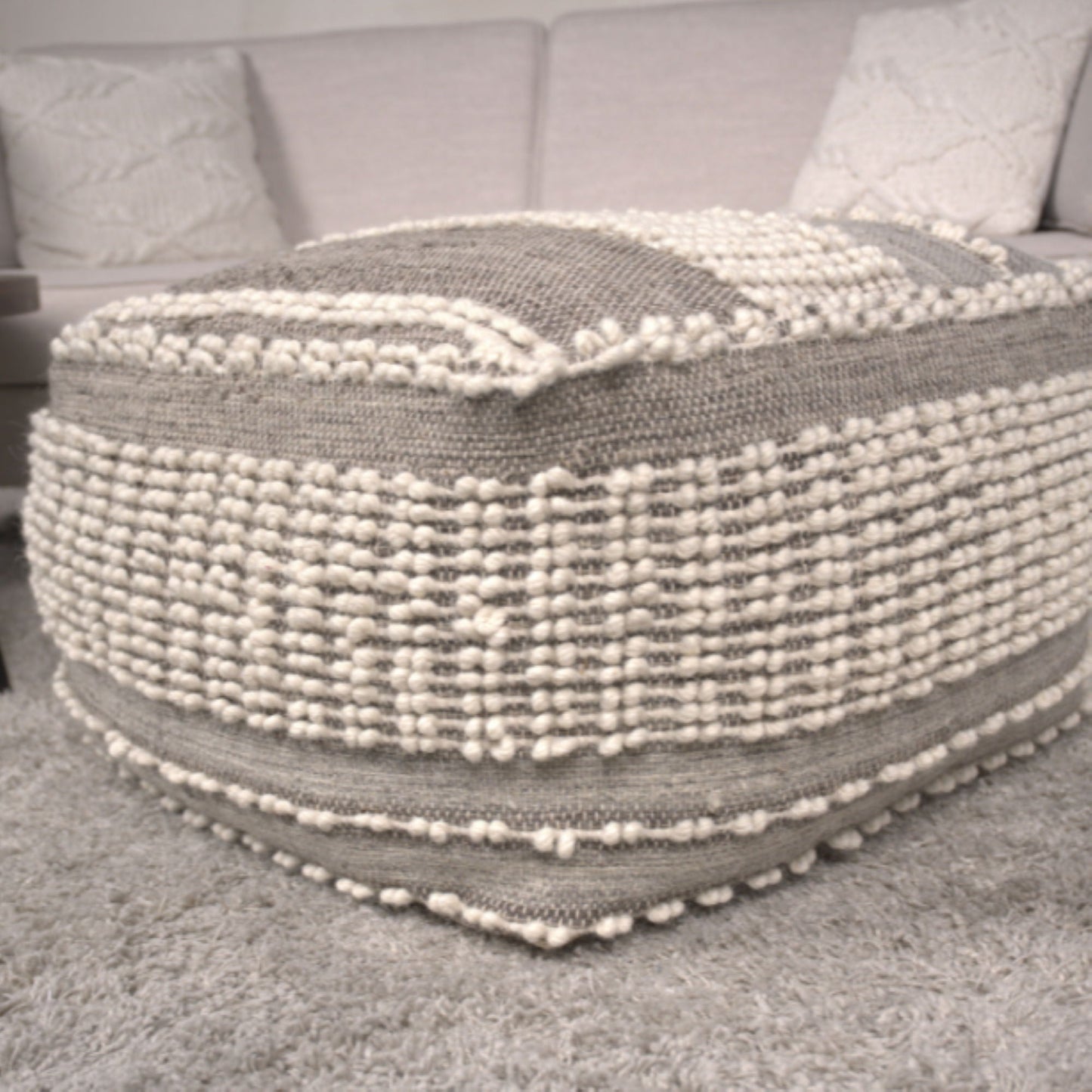 Rustic Wool And Cotton Large Pouf, Handcrafted Tufted Design - Brown / Beige Home Essentials