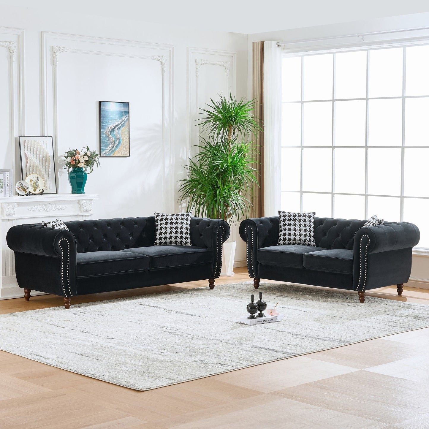 Chesterfield 3 And 2 Seater Upholstery Sofa With Roll Armrest & Nailhead Fabric Couch Home Essentials