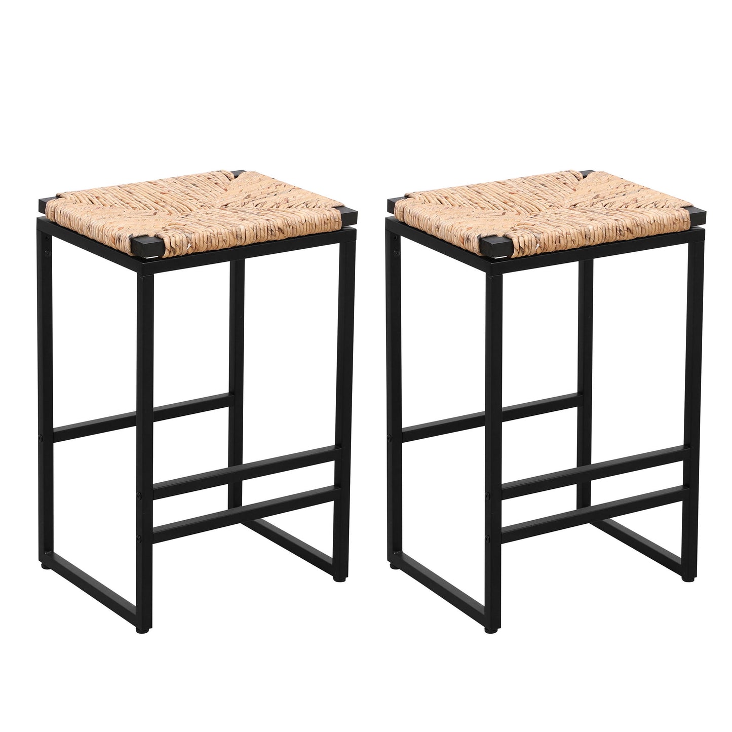 25" Height Backless Water Hyacinth Woven Bar Stools With Footrest (Set of 2) - Natural Home Essentials