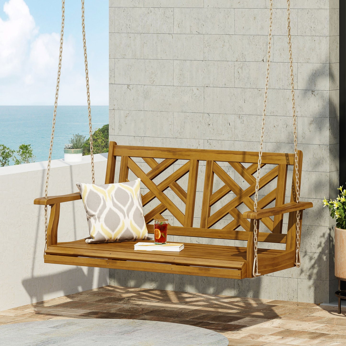 Alejandro - Acacia Wood Porch Swing With Slat Panel Seating Noble House