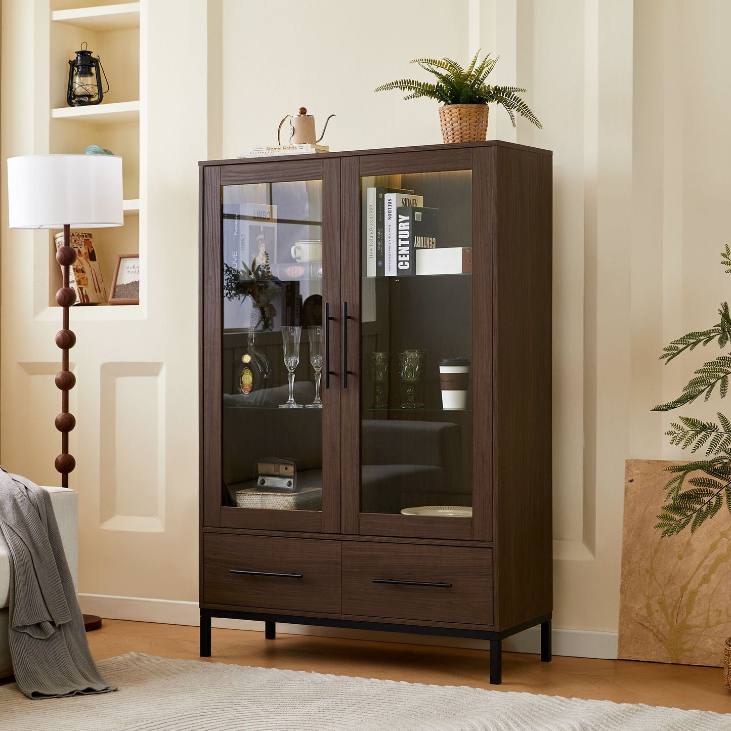 Modern Style Tall Display Cabinet With LED Lighting, Tempered Glass Door, 2 Drawers Hearth and Haven