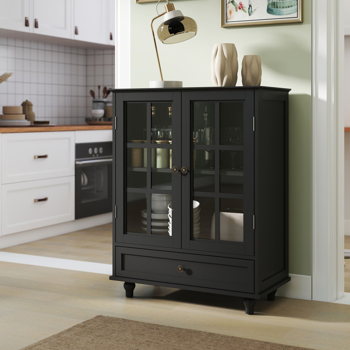 Minimalist Buffet Cabinet With Double Glass Doors And Drawer Home Essentials