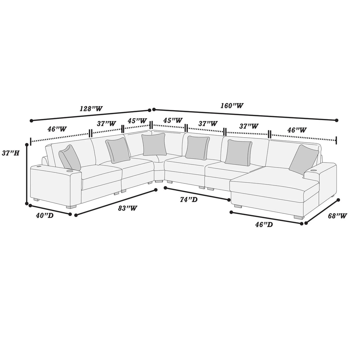6 Piece Modular Sectional Sofa Set Upholstered Living Room Plush Couch With Cup Holders And USB Port - Black Home Essentials