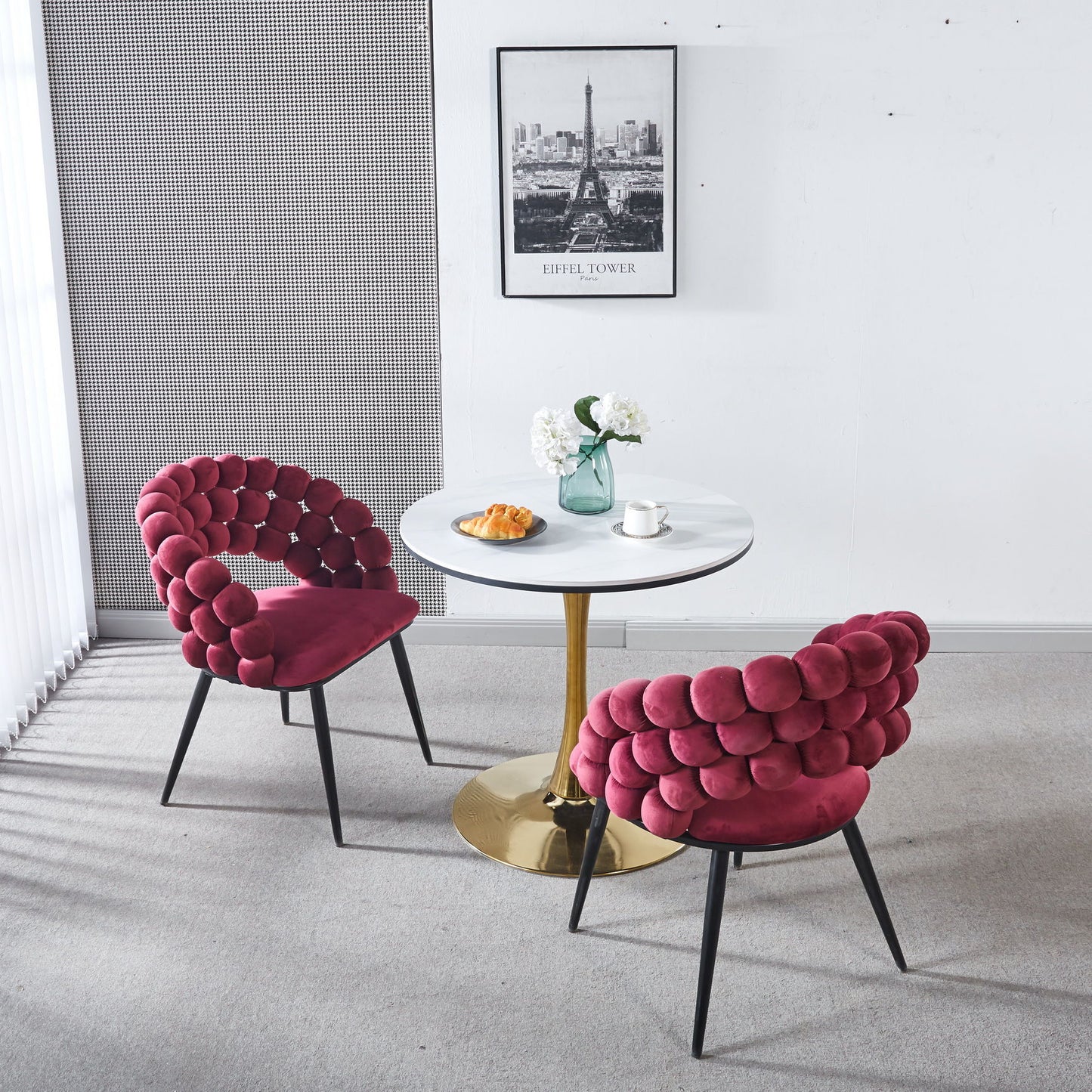 Modern Chair With Golden Color Iron Tube Legs, Soft Cushions And Comfortable Backrest, Suitable For Dining Room, Living Room, Cafe, Hairball Back Home Essentials