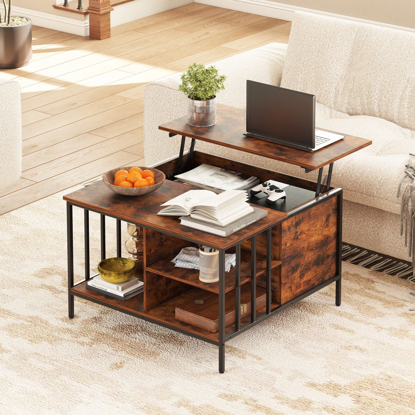 Lift Top Coffee Table With Storage, Adjustable Height Living Room - Black / Brown Home Essentials