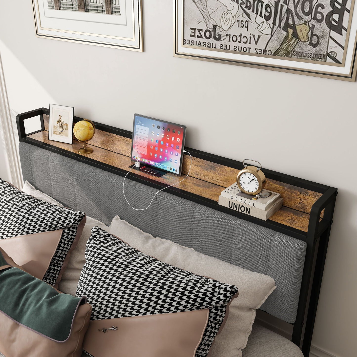 Bed With Charging Station, American Design Upholstered Headboard, Metal Platform Home Essentials