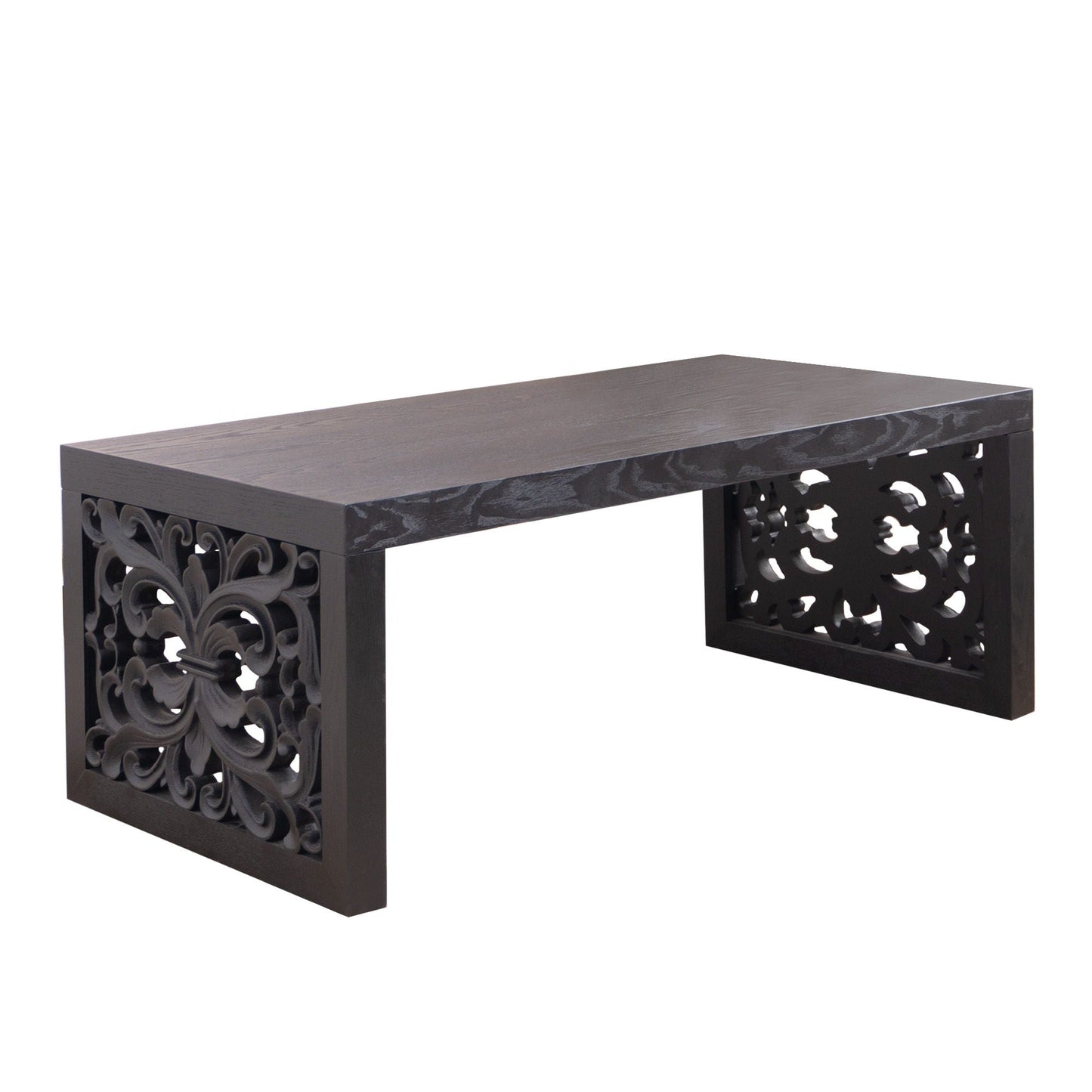 Rustic Carved Wood Coffee Table, Handcrafted Look With Ornate Side Panels Home Essentials