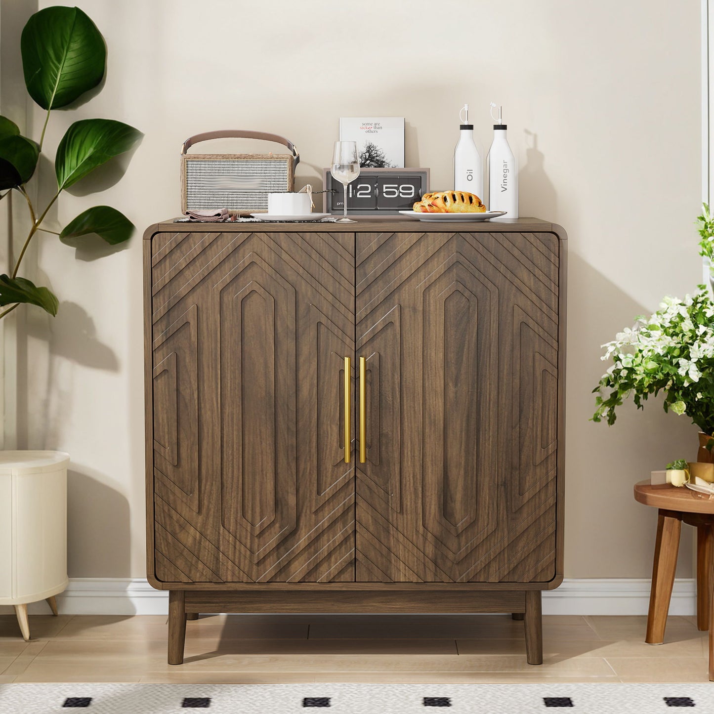 Sideboard Buffet Cabinet With Carved Doors And Adjustable Layer Board Home Essentials