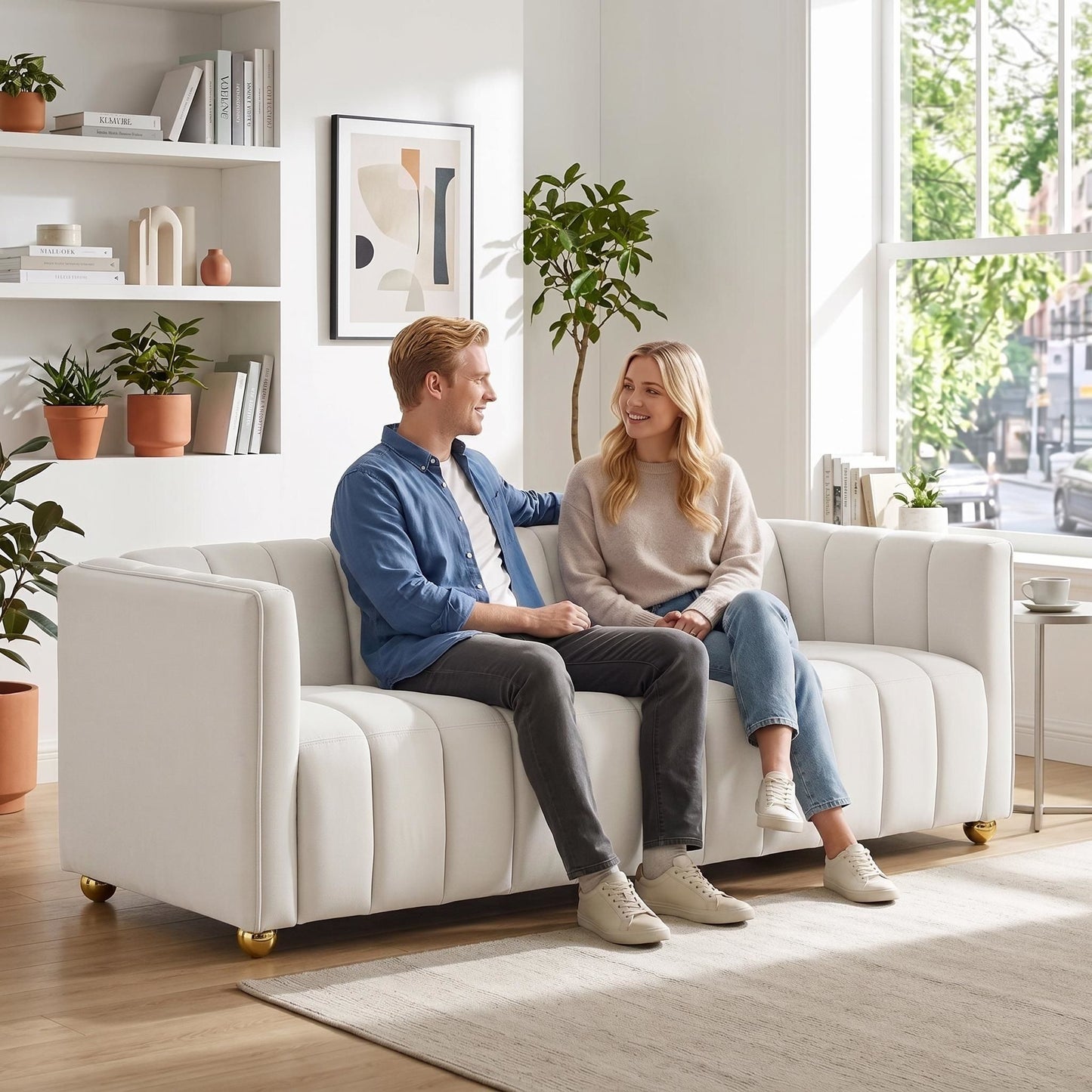 Vertical Channel Tuft Sofa For Apartment Lounge - Ivory US Pride