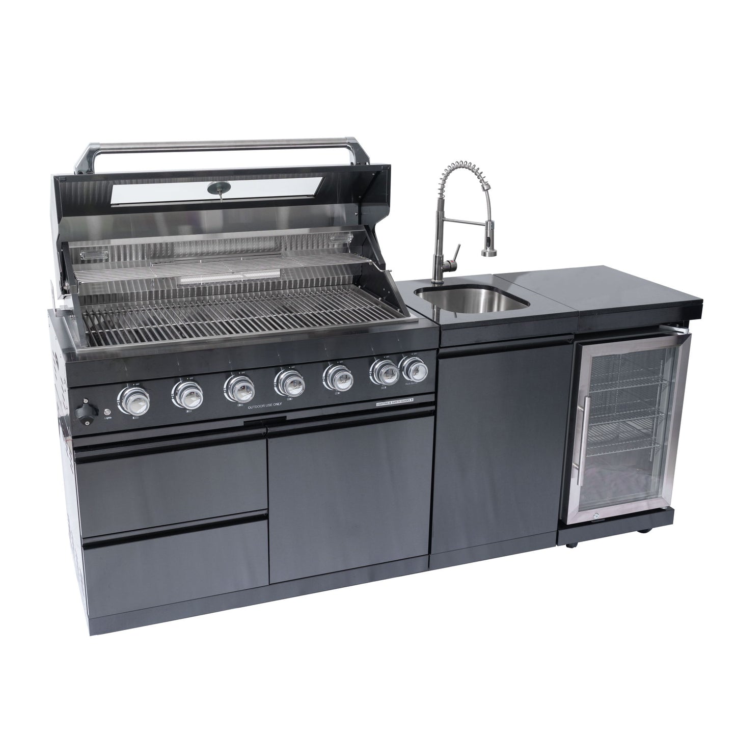 6 Burner 85, 000 Btu Outdoor Kitchen Island Grill With Wine Cooler Refrigerator, Rotisserie Kit, Granite Countertops & Sink - Black Daily Nest