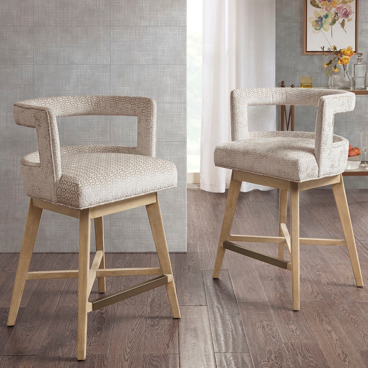 Contemporary Design Swivel Counter Stool With Low Back Support Polyester And Solid Wood - Cream JLA