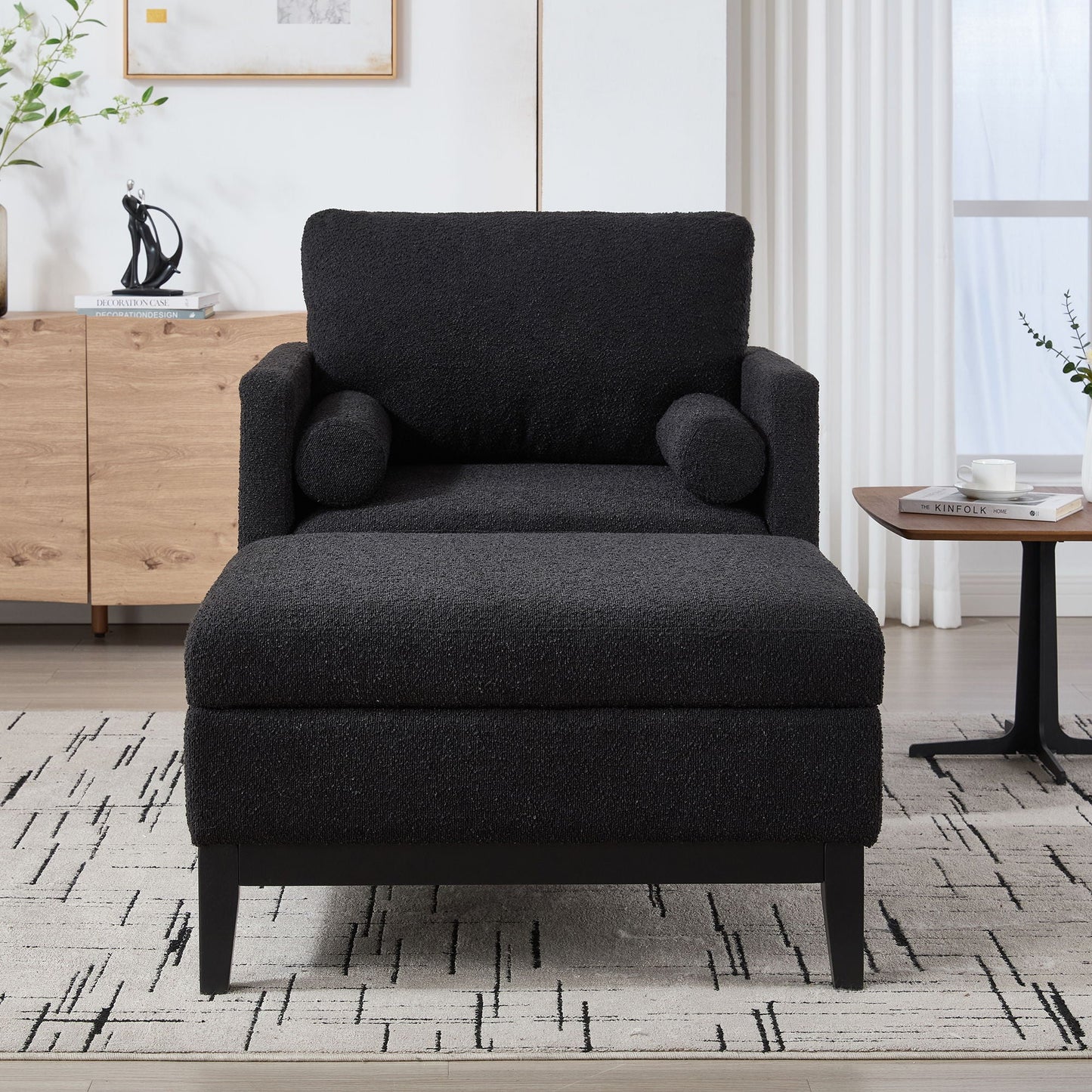 Farmhouse Upholstered Accent Chair With Ottoman, Reversible Lid Coffee Table Home Essentials