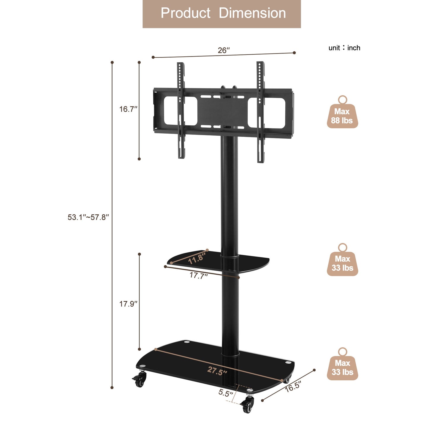 Height And Angle Adjustable Multi-Function Tempered Glass Metal Frame Floor With Lockable Wheels Mobile TV Stand, Lcd / Plasma TV Bracket 2 Tier Tempered Glass Shelves For Multiple Media Devices - Black Home Essentials