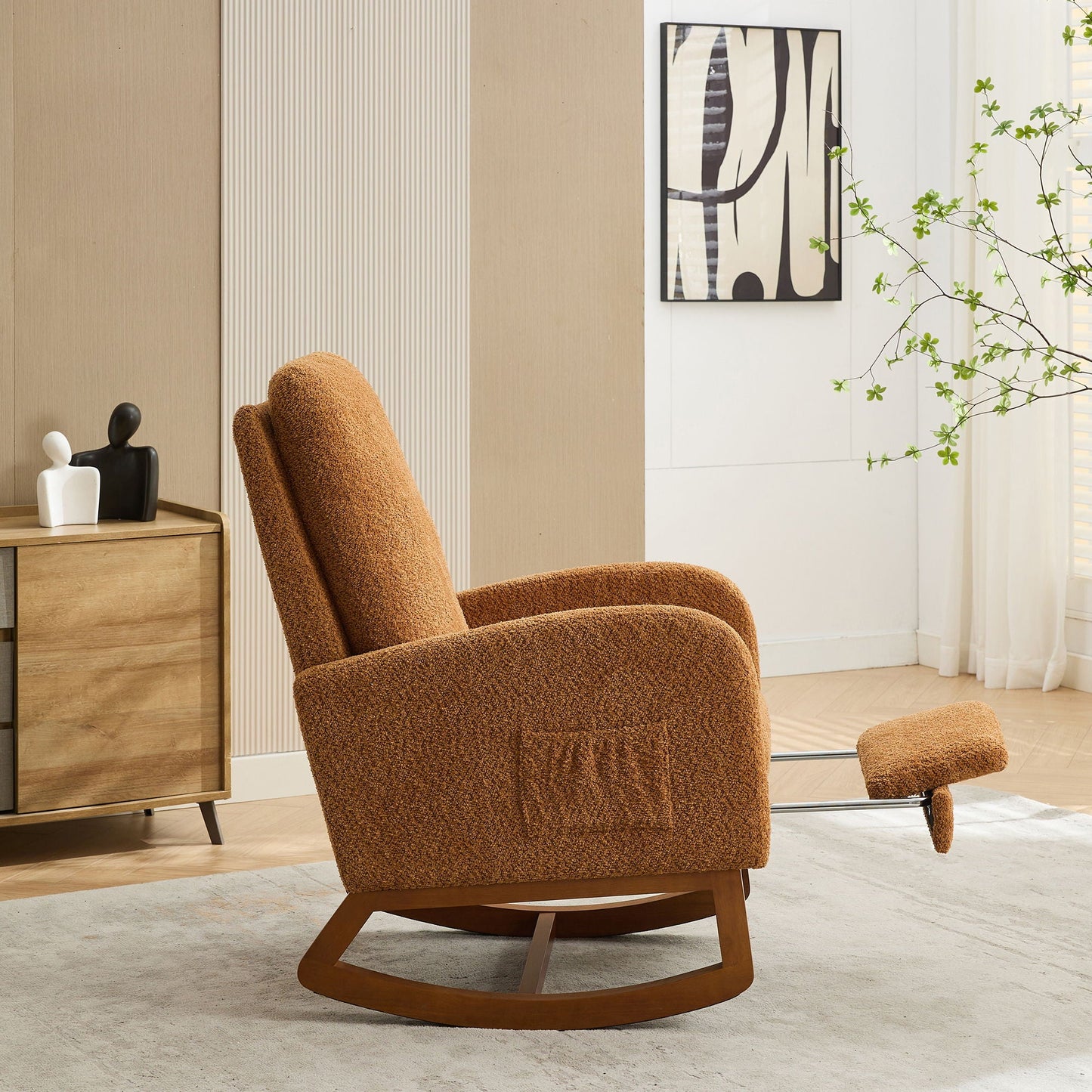 High Back Glider Rocking Chair With Retractable Footrest And Rubber Wood Legs Home Essentials