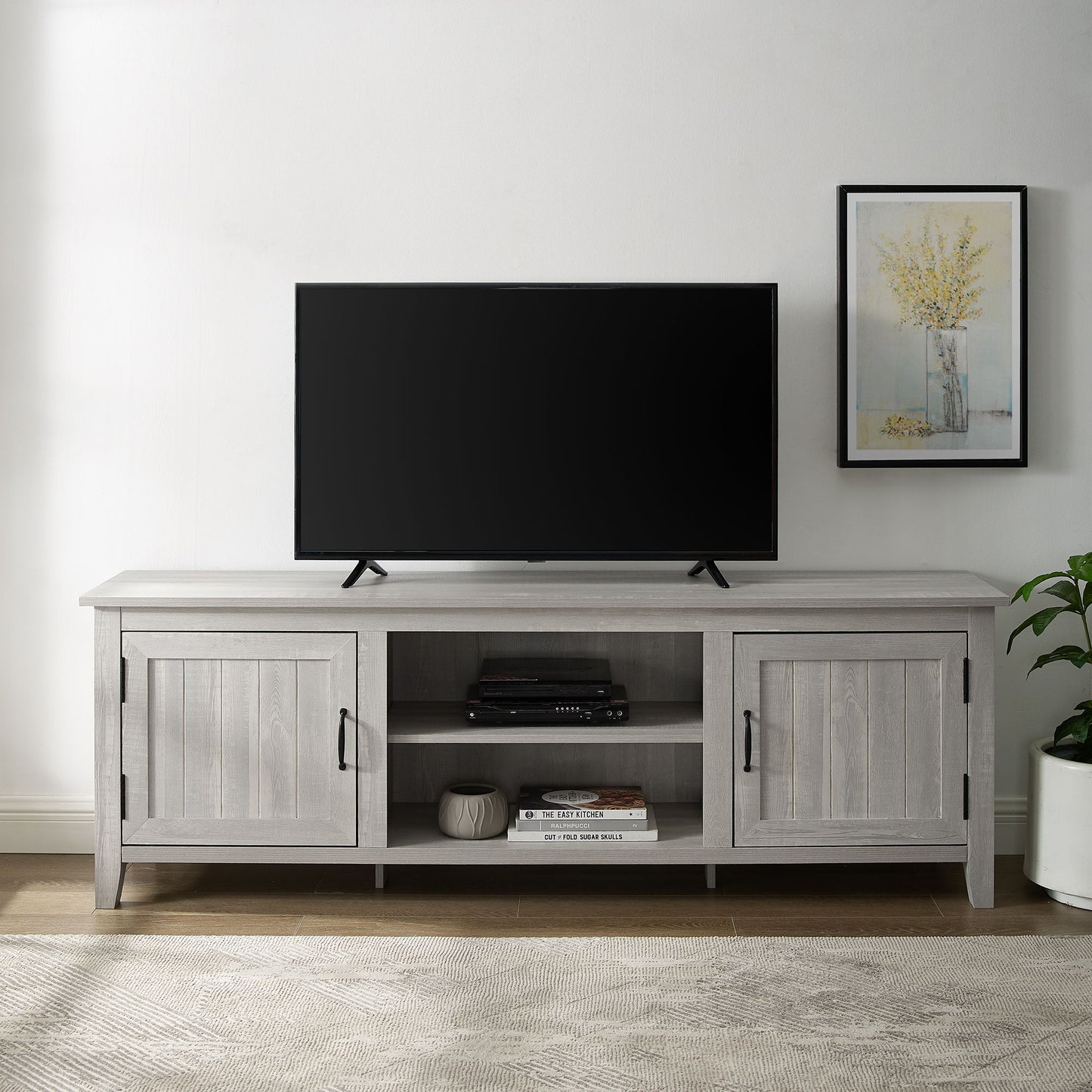 Modern Farmhouse 2 Door Grooved 70" TV Stand For 85" TVs Walker Edison