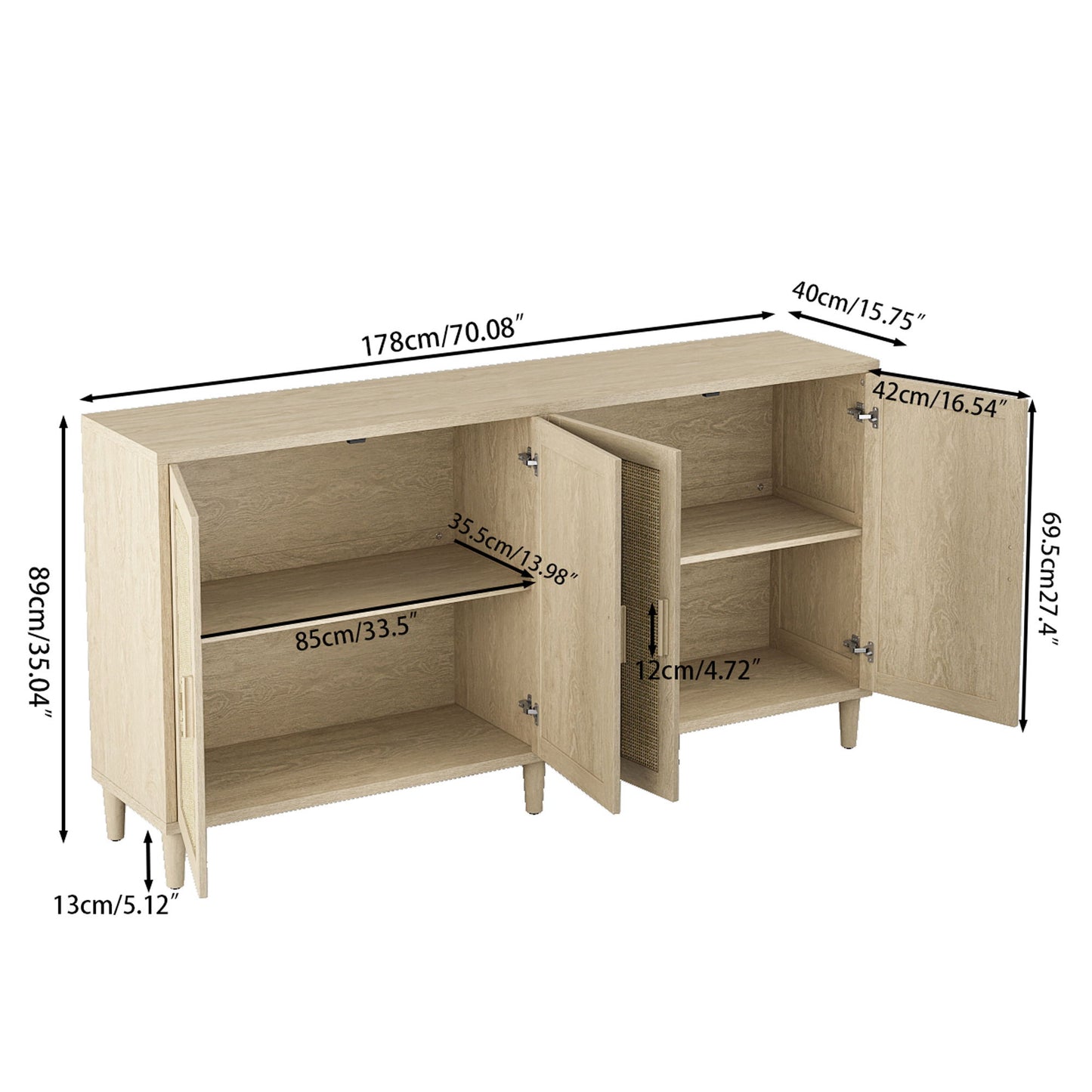 Rattan Buffet Cabinet With Storage, 4 Door Sideboard, Adjustable Shelves - Natural Home Essentials