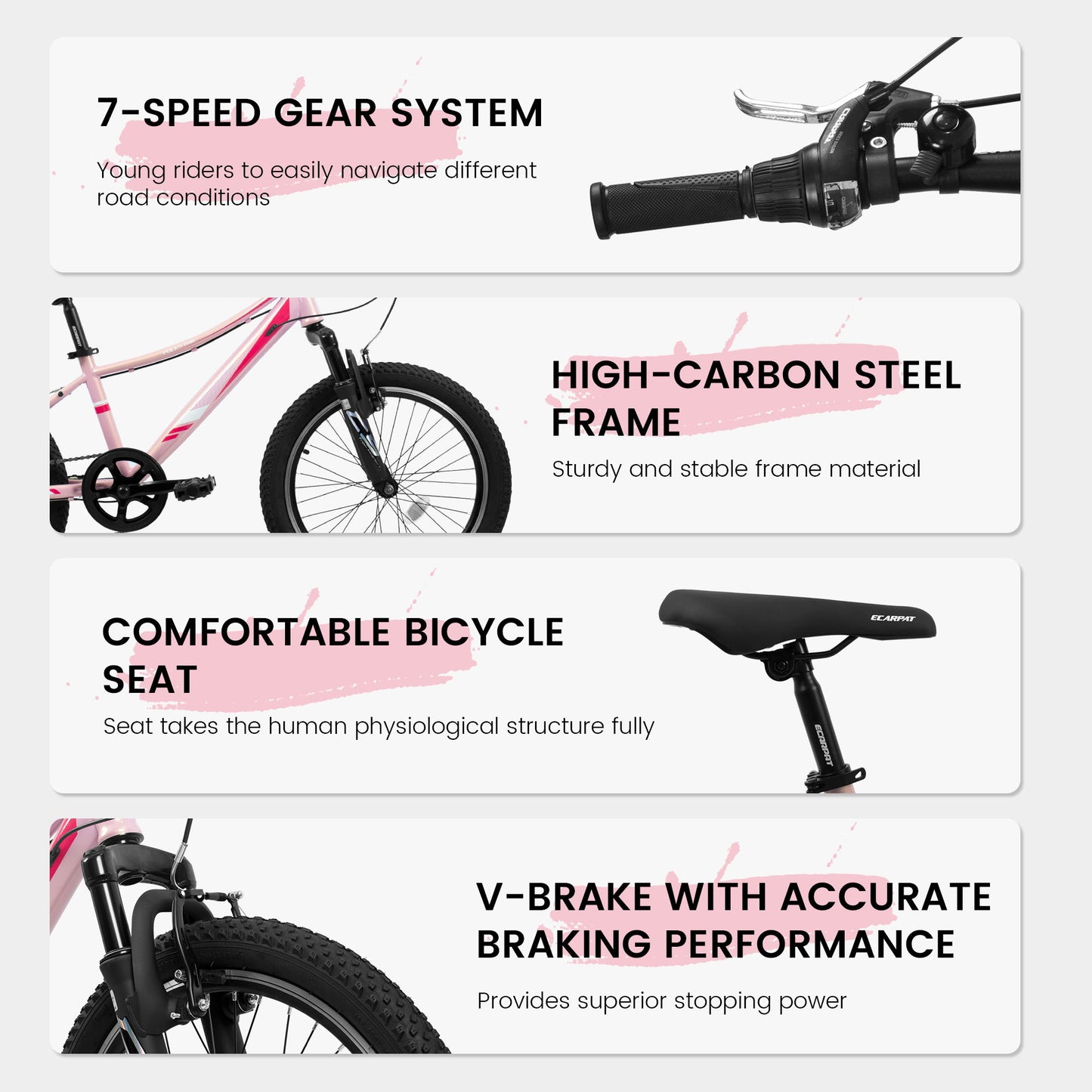 20" Children's Bicycle Shock Absorbing Front Fork 7 Speed V Brakes Mountain Tire Boys And Girls Kids Bike For Outdoor Adventure - Pink Daily Nest
