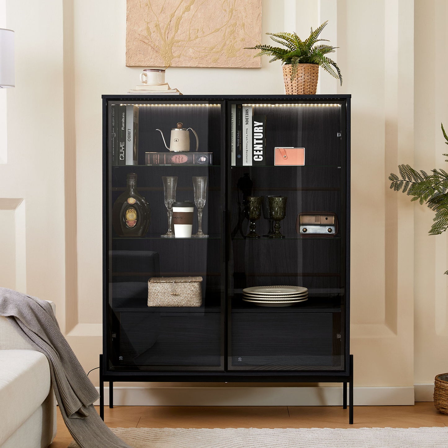 Modern Minimalist Style LED Curio Cabinet With Tempered Glass Door, Metal Legs Hearth and Haven
