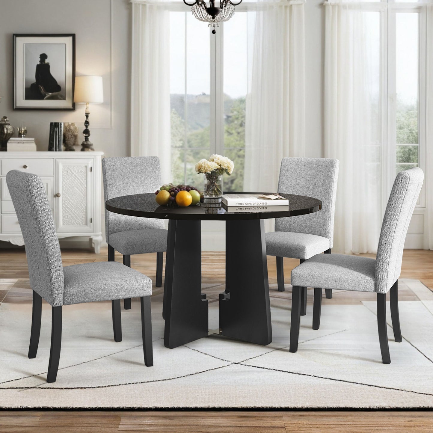 5 Piece Round Dining Table Set, Modern Table And 4 Upholstered Chairs For Dining Room Hearth and Haven