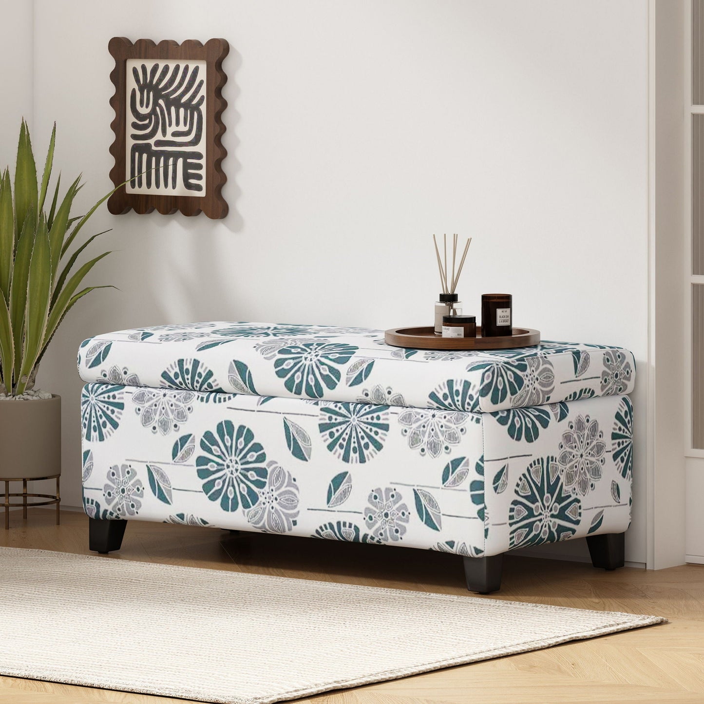 Luxury Storage Ottoman With Floral Patterned Fabric, Soft-Close Hinges, Multi Functional Noble House