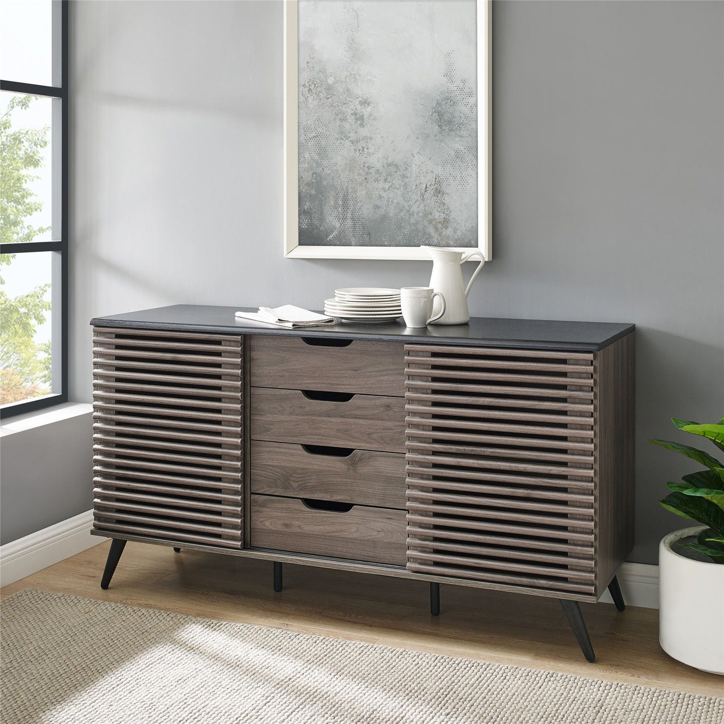 Contemporary Sliding Slat Door Sideboard Walker Edison