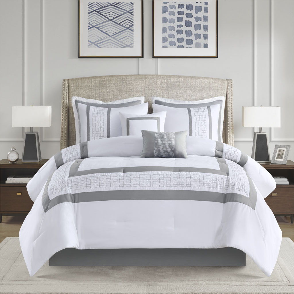 Powell - King Embroidered Comforter (Set of 8) - White 510 Design