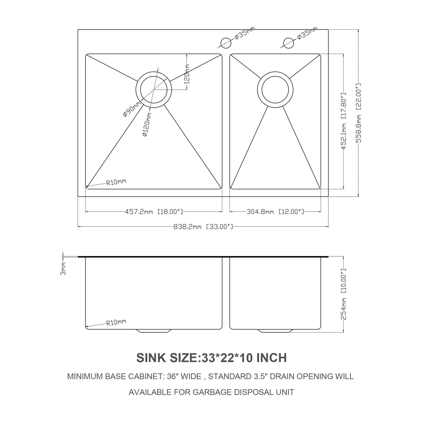 Double Bowl Kitchen Sink 16 Gauge 33" X 22" With 2 10" Deep Basins - Gunmetal Black Daily Nest