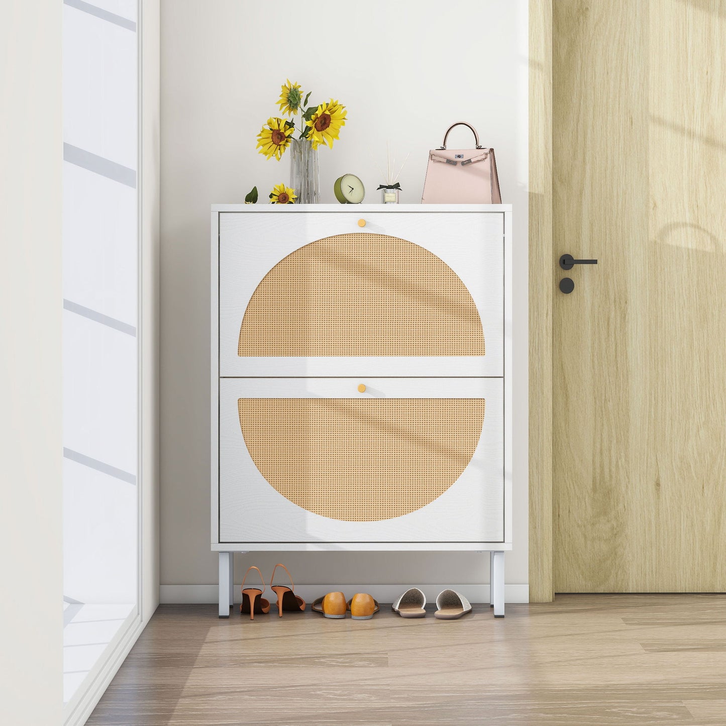 2 Door Shoe Rack, Rattan, Double Layer, Suitable For Living Room, Hallway - White Daily Nest