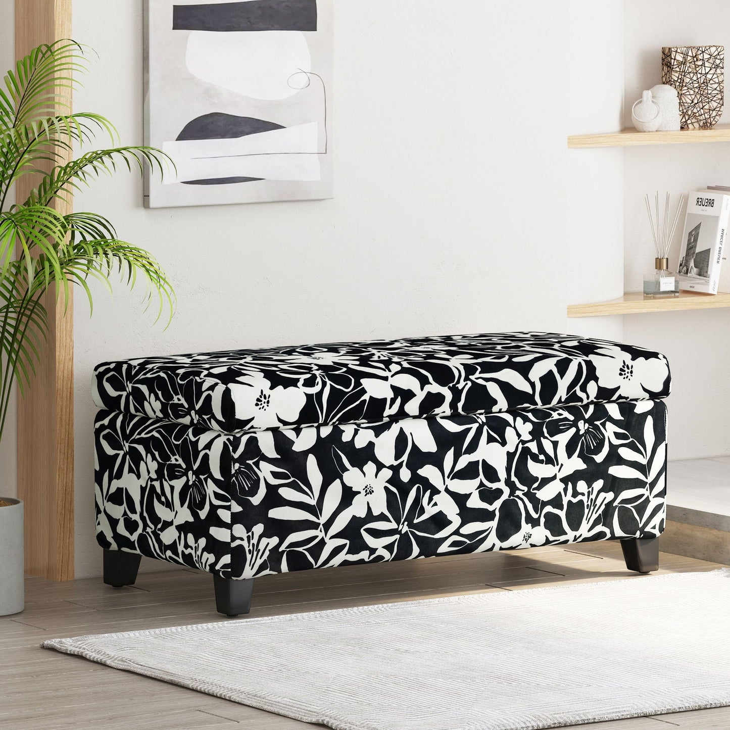 Luxury Storage Ottoman With Floral Patterned Fabric, Soft-Close Hinges, Multi Functional Noble House