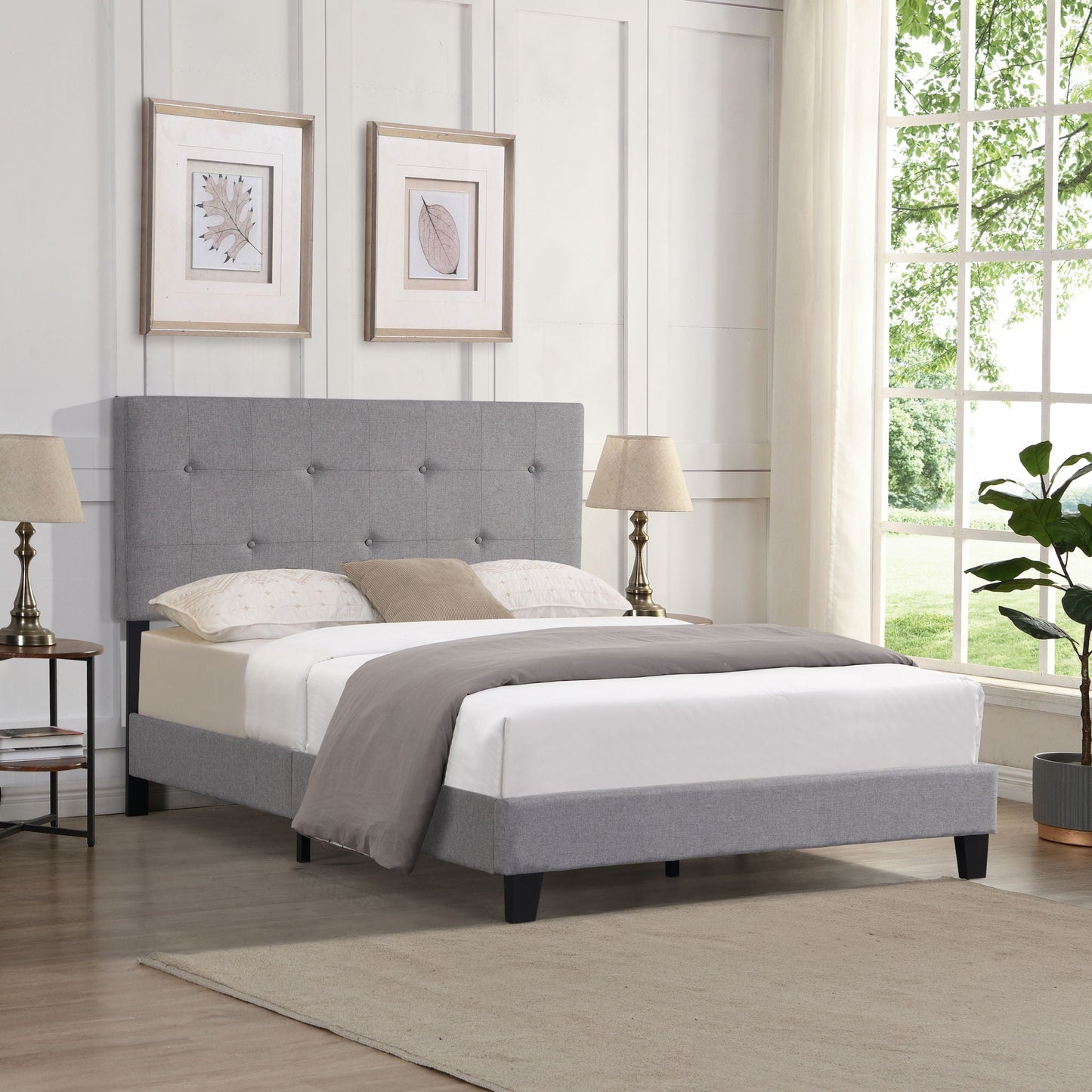 Queen Size Upholstered Platform Bed Frame With Button Tufted Linen Headboard, No Box Spring Needed, Wood Slat Support - Gray Home Essentials