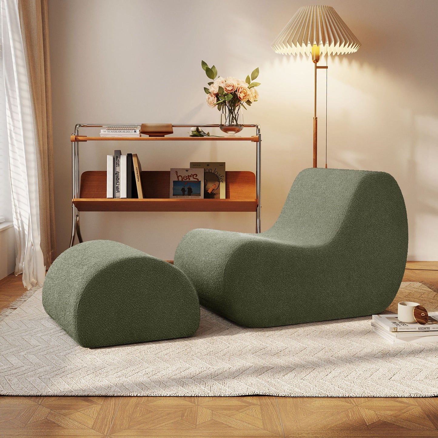 Curved Lounge Chair With Ottoman And High Resilience Foam Noble House