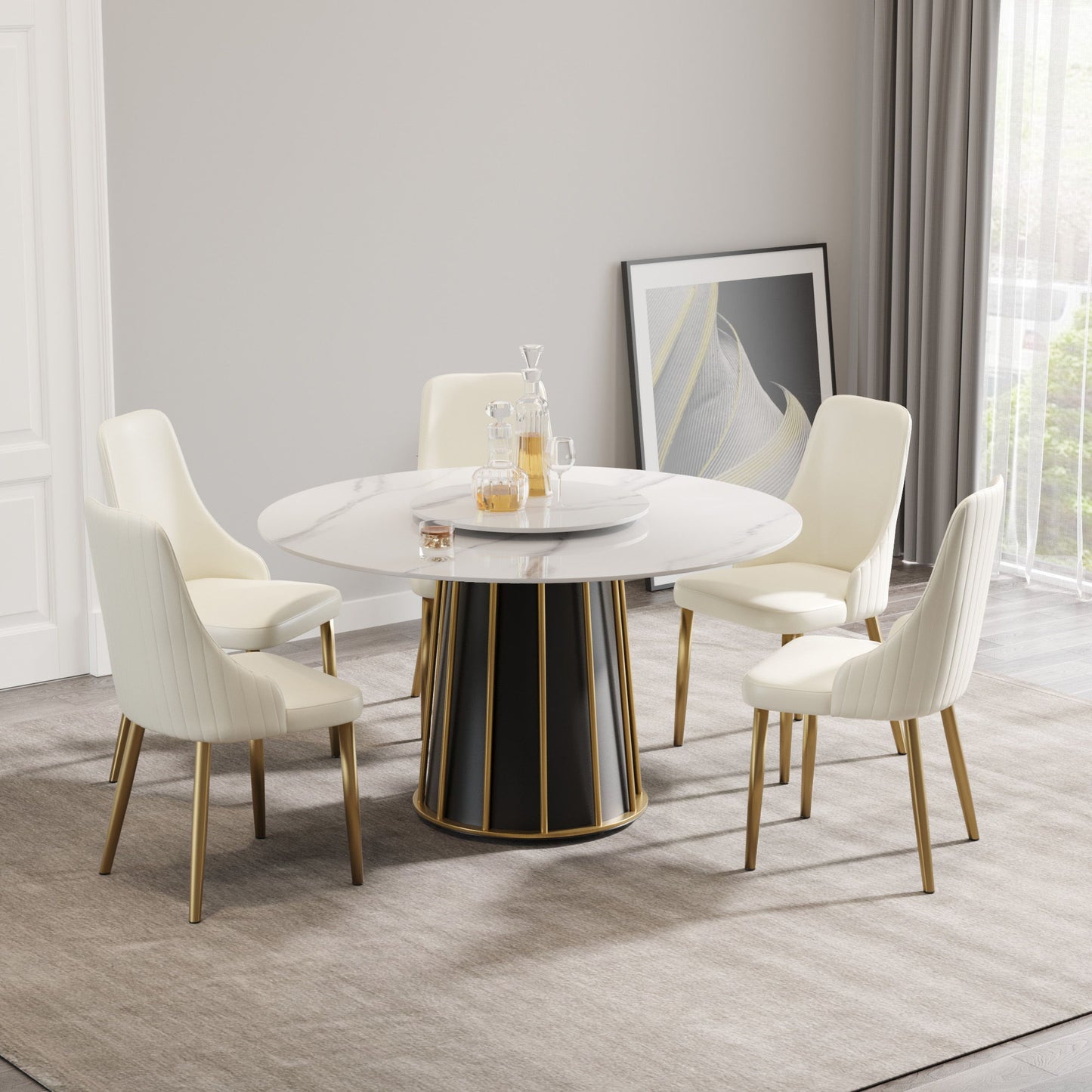53.15" Modern Artificial Stone Round Panel Metal Iron Base Dining Table, Can Accommodate 6 People-23.62" Artificial Stone Turntable (Not Including Chairs) - White / Black Home Essentials