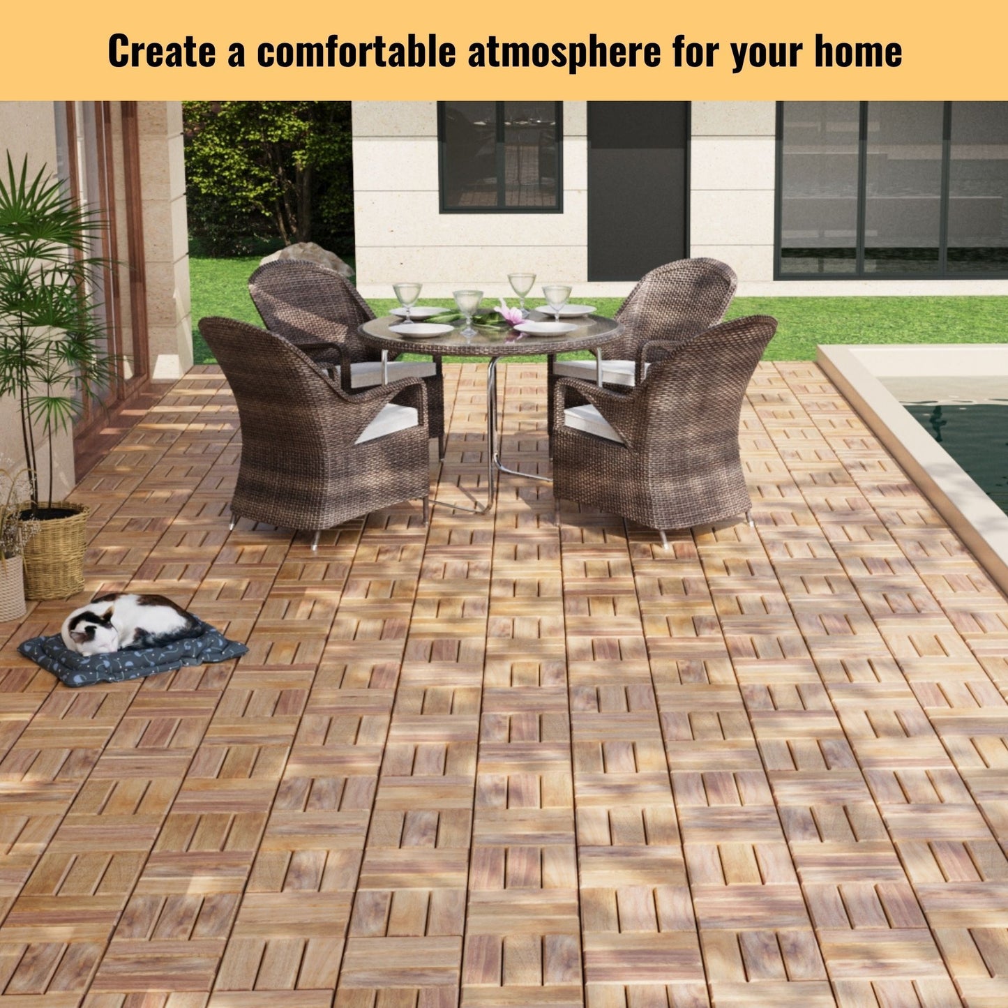 Interlocking Deck Tiles Checker Pattern, Square Acacia Hardwood Outdoor Flooring For Patio, Bancony, Pool Side Daily Nest