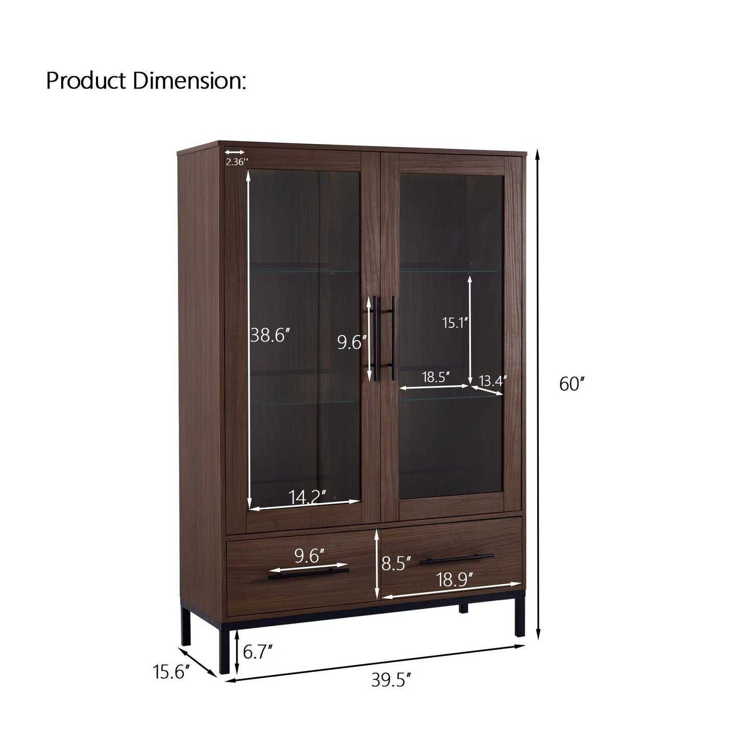 Modern Style Tall Display Cabinet With LED Lighting, Tempered Glass Door, 2 Drawers Hearth and Haven